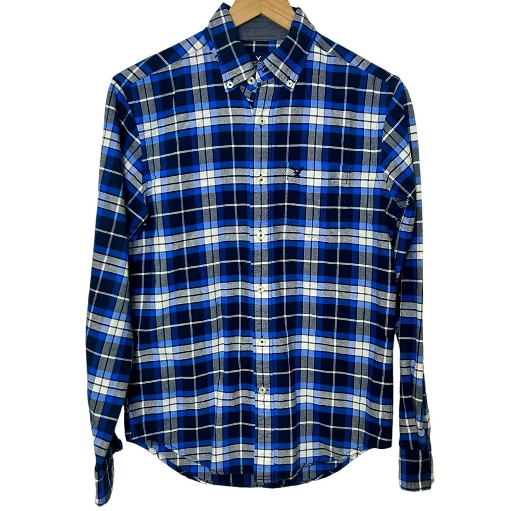American Eagle Men's Classic Fit Button Down‎ Blue Plaid Oxford Shirt XS